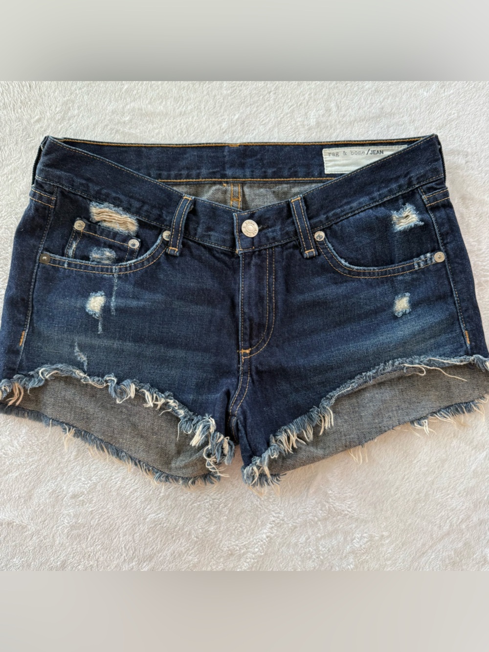 rag & bone Dark Blue Frayed Denim Shorts